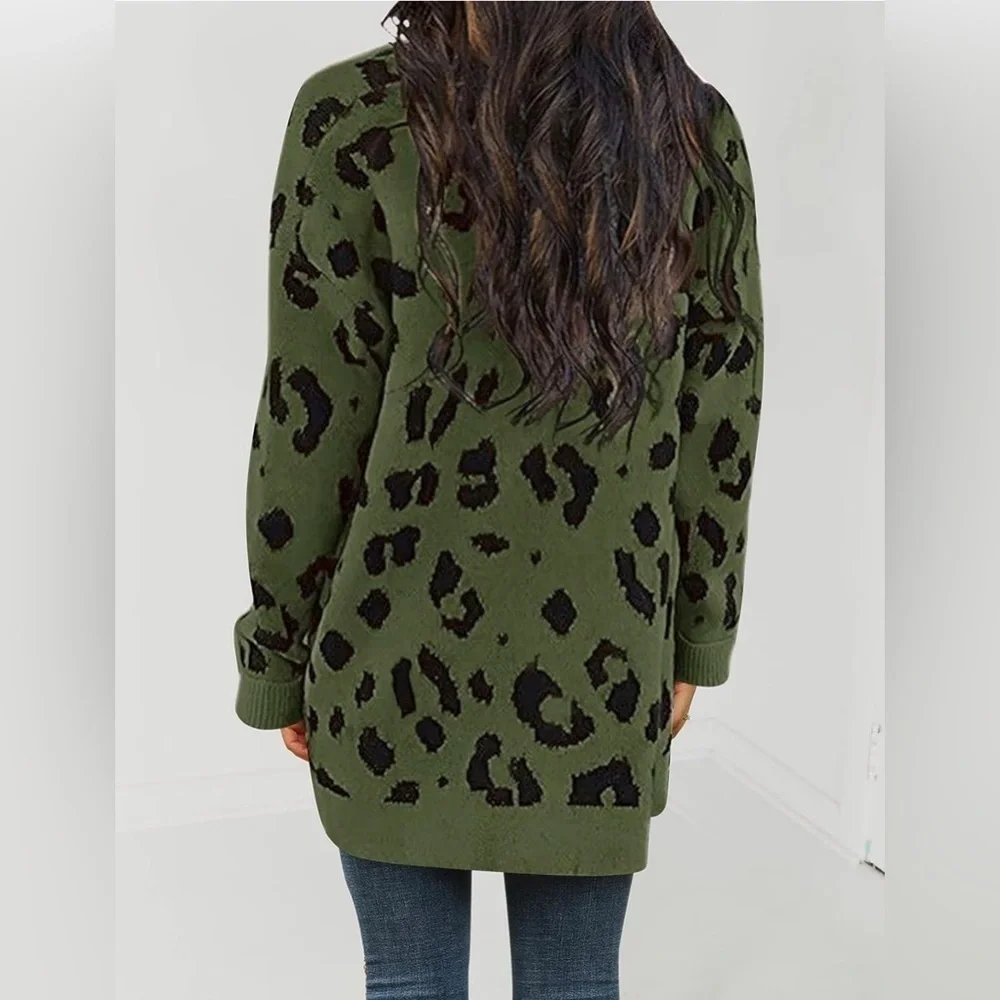 ZESICA Women’s Long Sleeve Open Front Leopard Print Cardigan Green Size Large - Picture 6 of 9